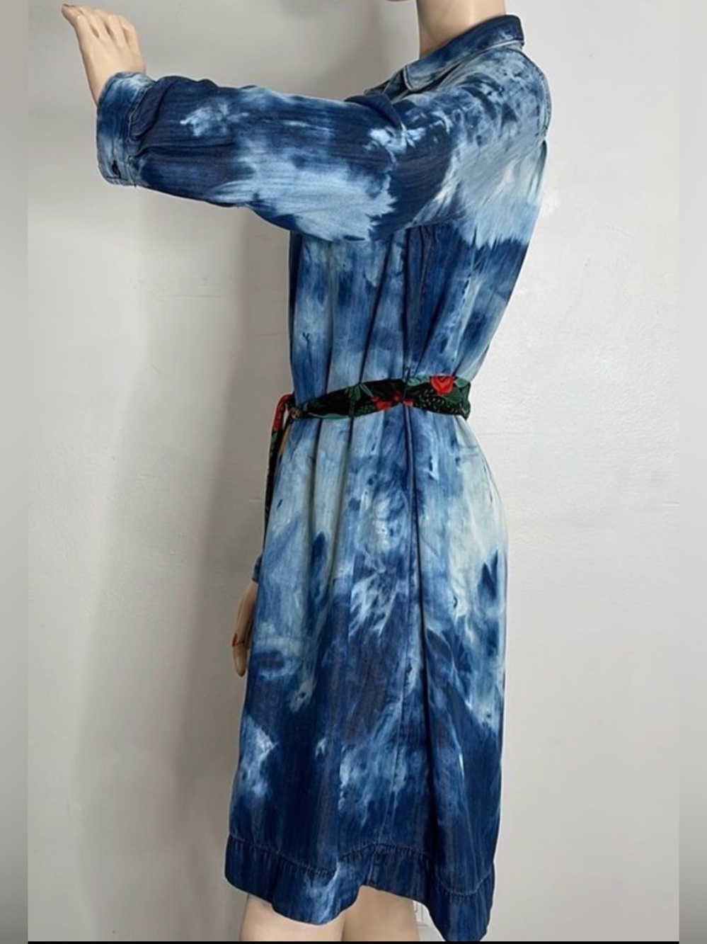 LOFT Bleach Washed Denim Shirt Dress Long sleeves Button down Collar Midi Tunic - Picture 6 of 14